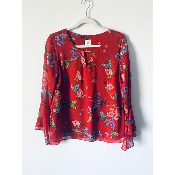 Cabi Devoted Blouse Red Floral Bell Sleeves S - Picture 3 of 8
